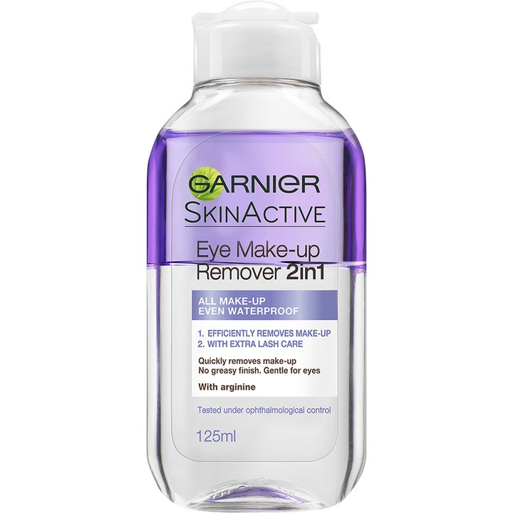 Garnier SkinActive Eye Make-up Remover 2in1 125ml fjerner vandfast makeup med lilla og klar væske i to faser