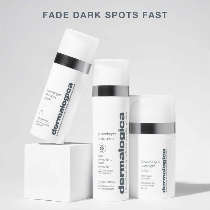 Dermalogica Powerbright Moisturizer SPF50 50 ml solcreme mod mørke pletter i hvid pumpeflaske vist med hele serien.