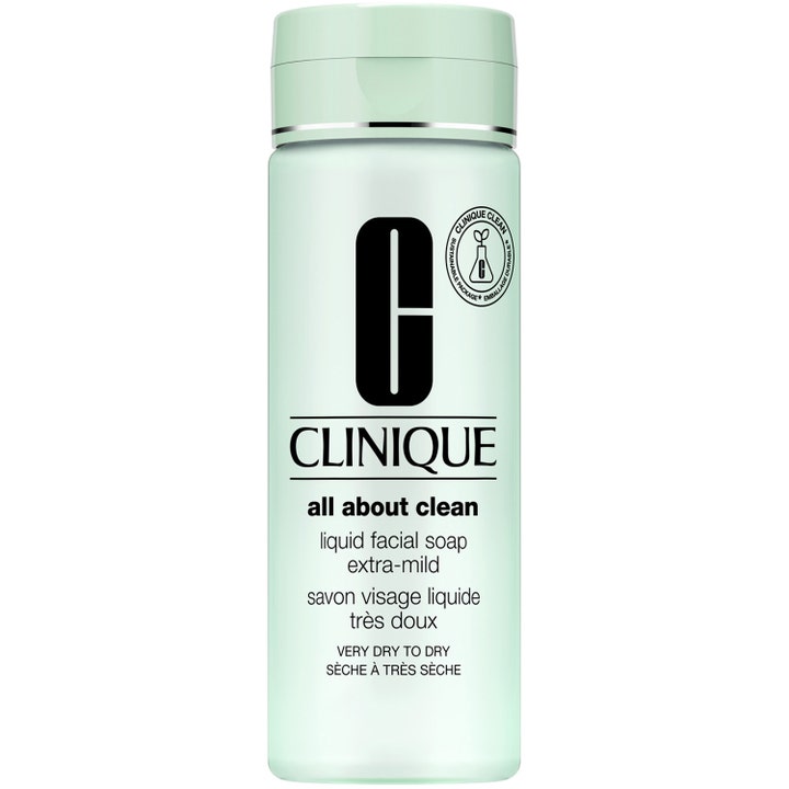 Clinique All About Clean Liquid Facial Soap Extra-Mild mild ansigtsvask i lysegrøn flaske med sølvdetalje