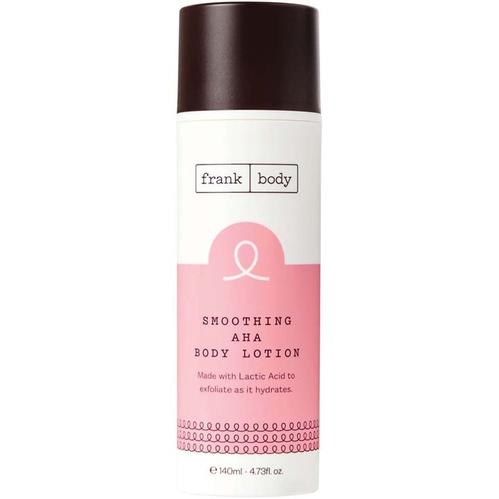 Frank Body Smoothing AHA Body Lotion 140 ml eksfolierende bodylotion der giver glat hud i hvid flaske med brunt låg