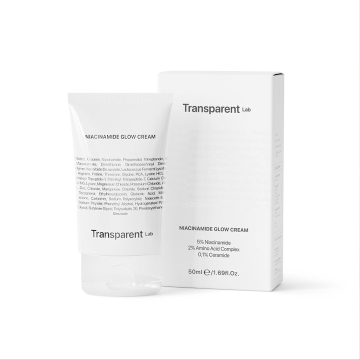 Transparent Lab Niacinamide Glow Cream 50 ml glødgivende dagcreme i hvid tube og æske med 5% niacinamid