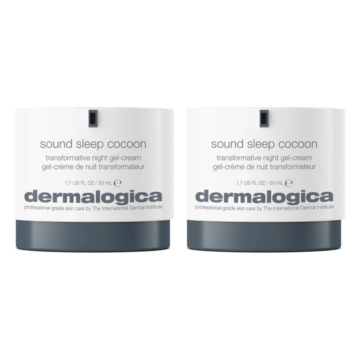 Dermalogica Sound Sleep Cocoon 50 ml revitaliserende natcreme i to hvide krukker med mørkegrå bund og pumpe.