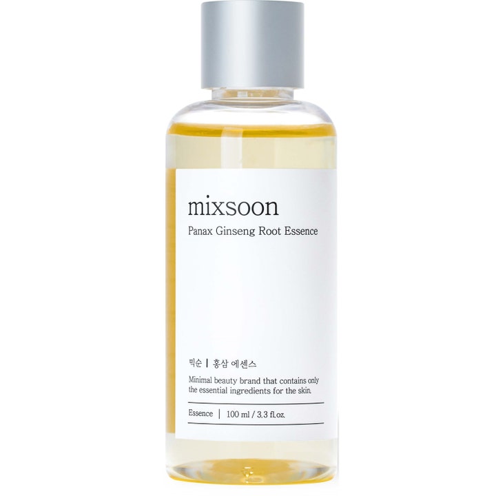 Mixsoon Panax Ginseng Root Essence 100 ml nærende ansigtssessens i klar flaske med gylden væske og sølvfarvet låg