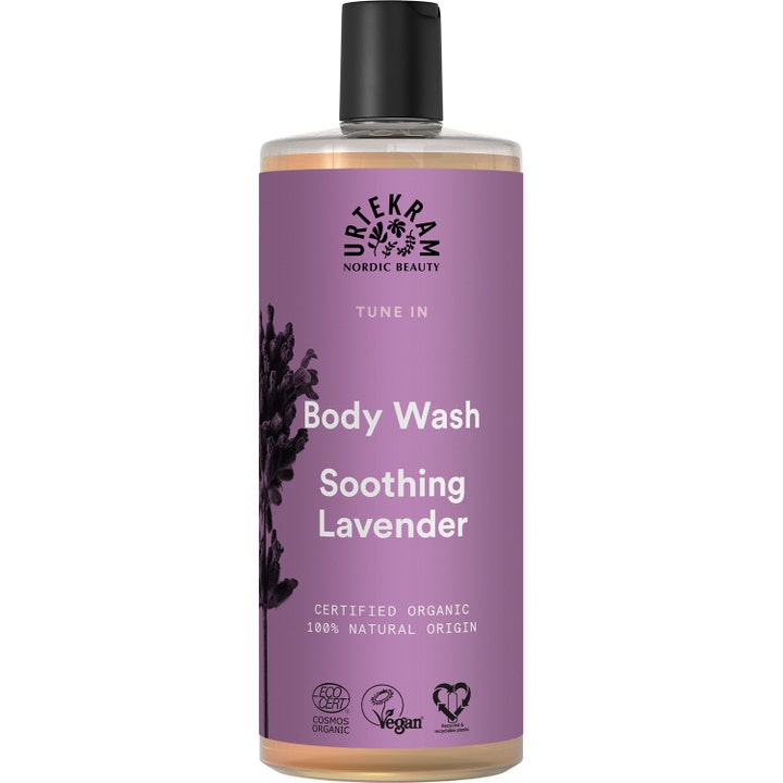 Urtekram Soothing Lavender Body Wash beroligende kropsvask i klar plastflaske med lilla etiket og sort låg
