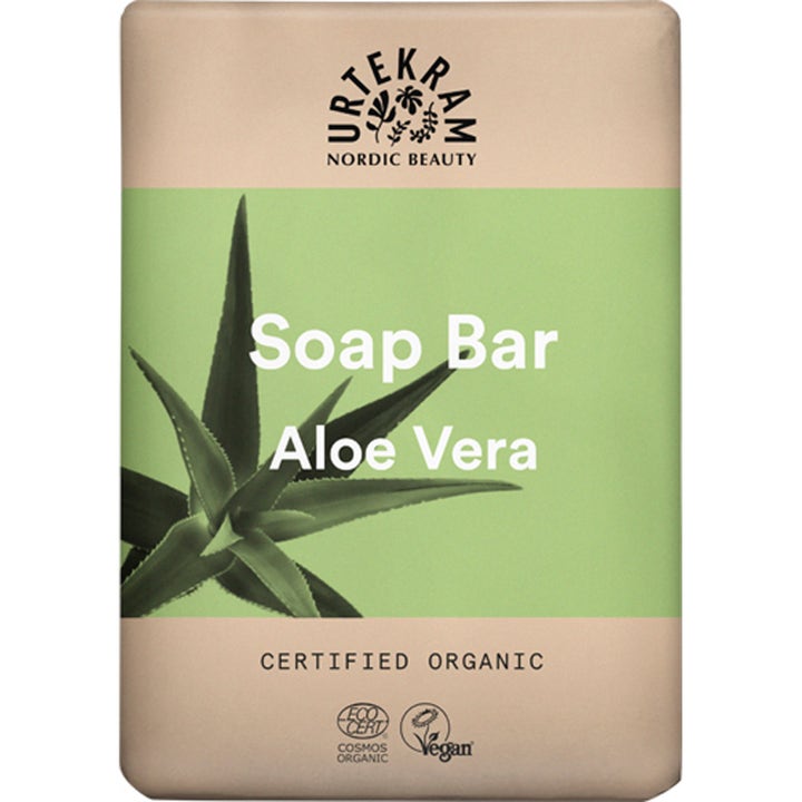 Urtekram Soap Bar Aloe Vera fugtgivende økologisk sæbe i beige og grøn papiremballage med aloe vera blade.