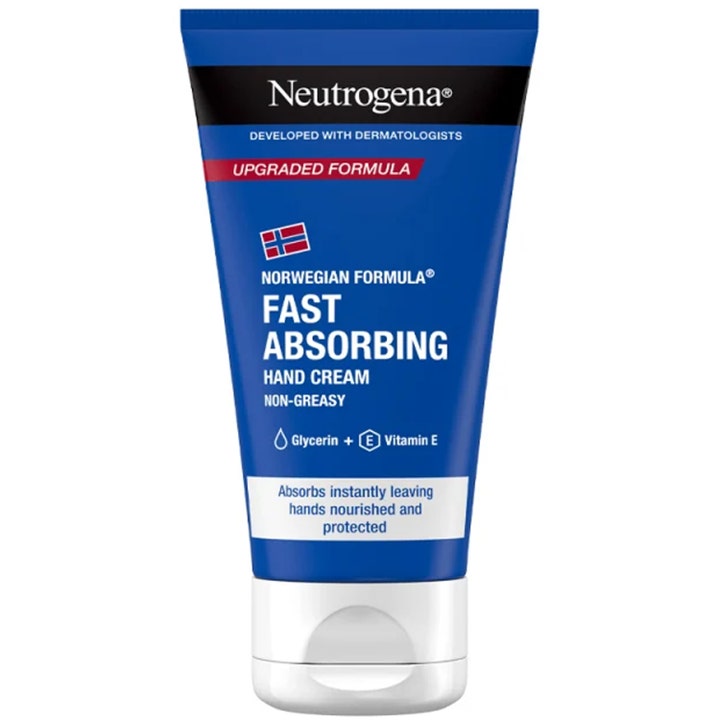 Neutrogena Fast Absorbing Hand Cream hurtigabsorberende håndcreme med E-vitamin i blå tube med hvidt vippelåg