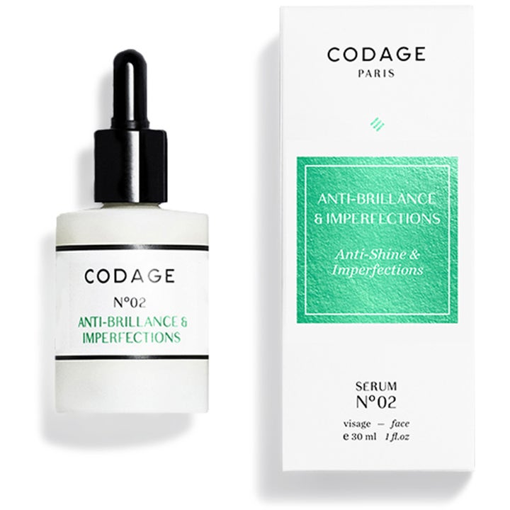 Codage Serum N°02 Anti-Shine & Imperfections 30 ml modvirker urenheder i hvid glasflaske med sort pipette og æske