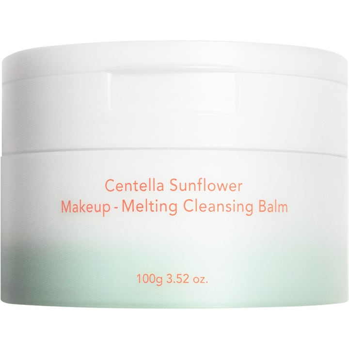 Common Clouds Centella Sunflower Makeup-Melting Cleansing Balm 100g fjerner makeup i en hvid krukke med grøn graduering