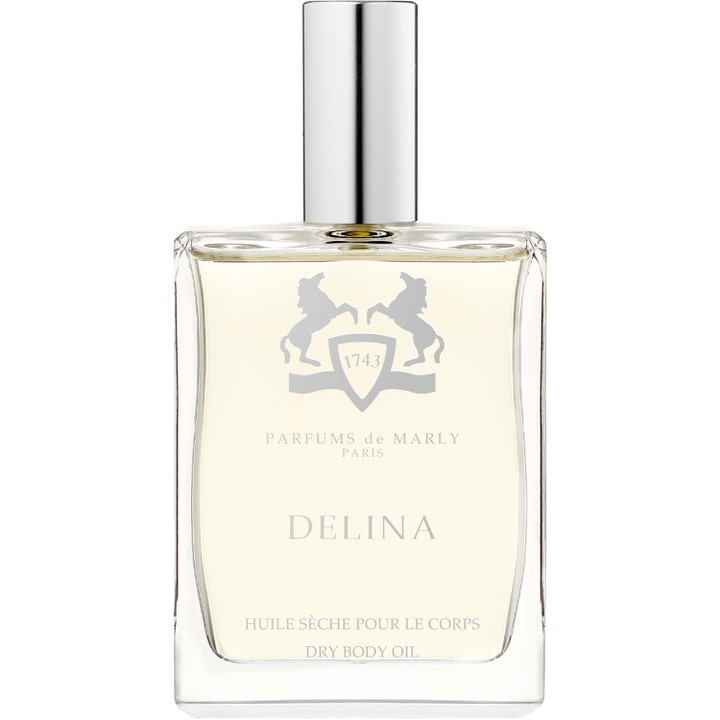 Parfums de Marly Delina 100ml plejende kropsolie i elegant glasflaske med sølvfarvet låg og hestelogo