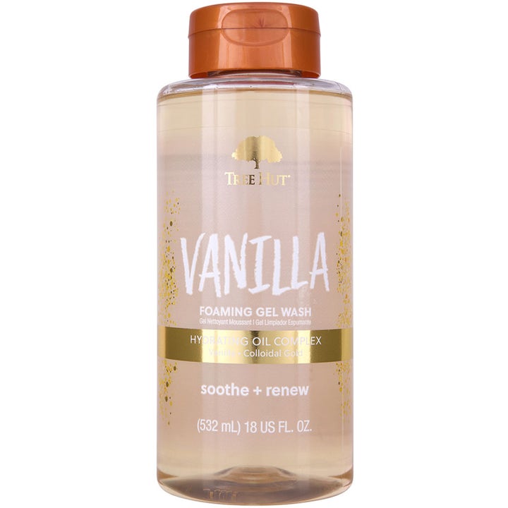 Tree Hut Vanilla Foaming Gel Wash 532 ml fugtgivende kropsvask i gennemsigtig flaske med gyldent låg