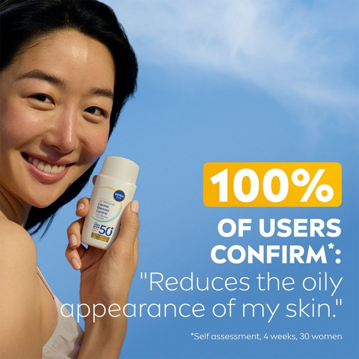 NIVEA UV Face Specialist Blemish Control SPF50+ 40 ml solcreme mod urenheder viser smilende kvinde og 0% greasy tekst.