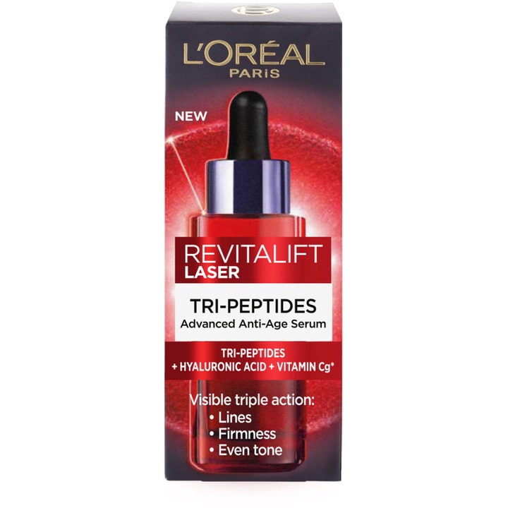 L'Oréal Paris Revitalift Laser Tri-Peptides 30 ml anti-age serum med hyaluronsyre i mørk æske med rød glasflaske.