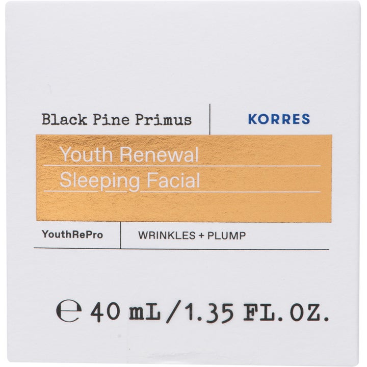 KORRES Black Pine Primus Youth Renewal Sleeping Facial 40 ml nattcreme mod rynker i hvid æske med orange etiket.