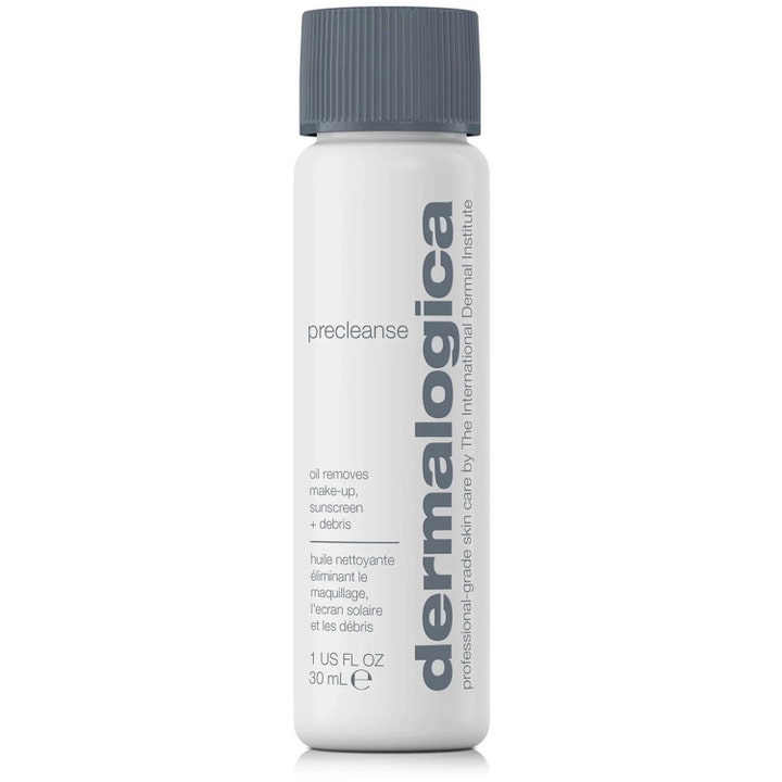 Dermalogica Precleanse 30 ml rensende olie der fjerner makeup i hvid plastflaske med rillet gråt låg