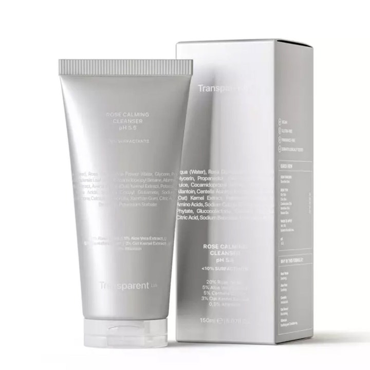 Niche Beauty Lab Transparent Lab Rose Calming Cleanser 150 ml ansigtsrens i sølvgrå tube og æske