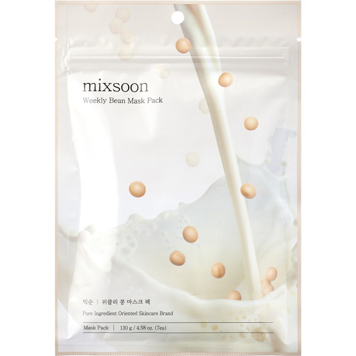 Mixsoon Weekly Bean Mask Pack 7 stk eksfolierende ansigtsmaske i hvid pose med motiv af bønner og mælk.