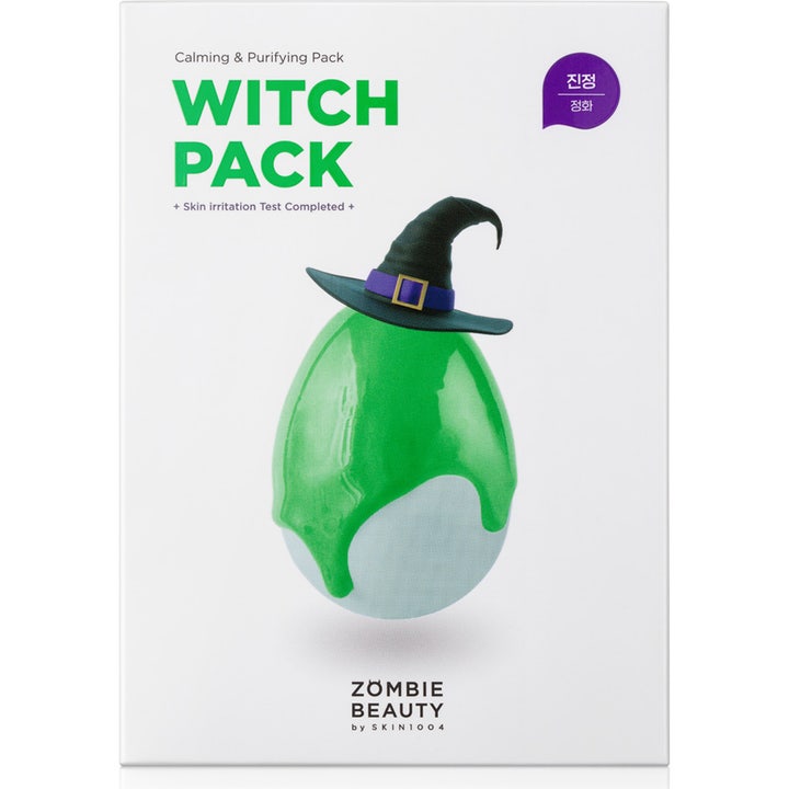 SKIN1004 ZOMBIE BEAUTY Witch Pack 8 stk beroligende ansigtsmaske i hvid æske med grøn tekst og heksehat.
