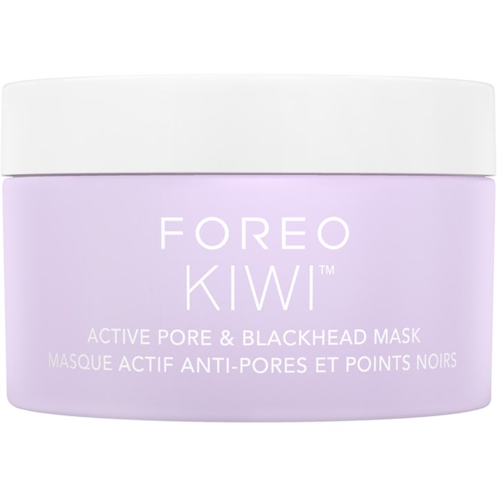 FOREO KIWI Active Pore & Blackhead Mask 100 g ansigtsmaske mod hudorme i en lys lilla krukke med hvidt låg