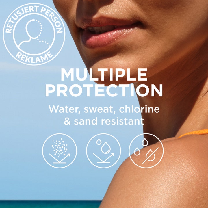 Garnier Sensitive Advanced Sun SPF50 175 ml solcreme på en person med tekst om vand og sandresistens
