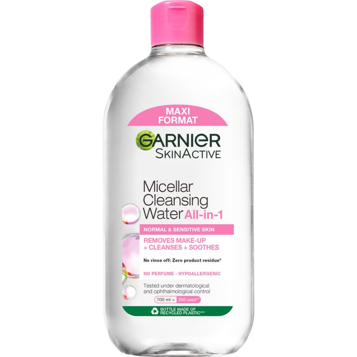 Garnier SkinActive Micellar Cleansing Water 700ml beroligende ansigtsrens i stor klar plastflaske med lyserødt låg