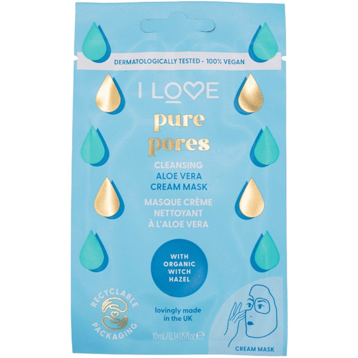 I LOVE Pure Pores Cleansing Aloe Vera Cream Mask 10 ml rensende ansigtsmaske der giver klar hud i lyseblå pose med gulddråber
