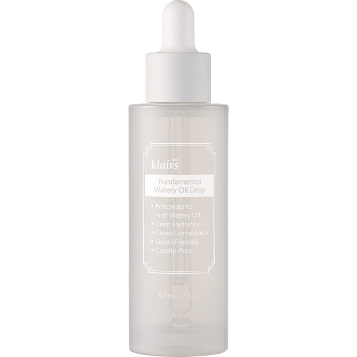 Klairs Fundamental Watery Oil Drop 50 ml fugtgivende ansigtsserum der giver glød i frosted glasflaske med pipette