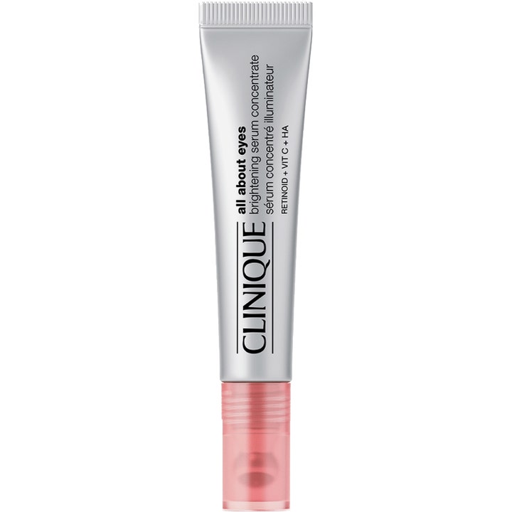 Clinique All About Eyes Brightening Serum Concentrate lysnende øgenserum med vitamin C i sølvfarvet tube og pink hætte