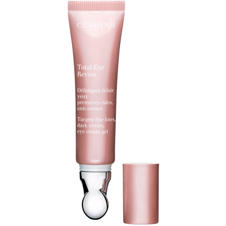 Clarins Total Eye Revive 15 ml øjencreme mod fine linjer og mørke rande i lyserød tube med metalapplikator