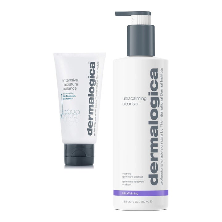 Dermalogica Ultracalming Cleanser 500ml og Intensive Moisture Balance beroligende sæt i hvid pumpeflaske og tube