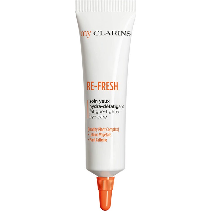 My Clarins RE-FRESH fugtgivende øjencreme mod træthedstegn i hvid tube med orange låg