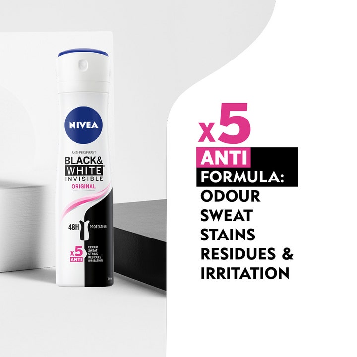NIVEA Black & White Original Spray 150 ml deodorant med x5 Anti Formula mod lugt sved pletter og irritation