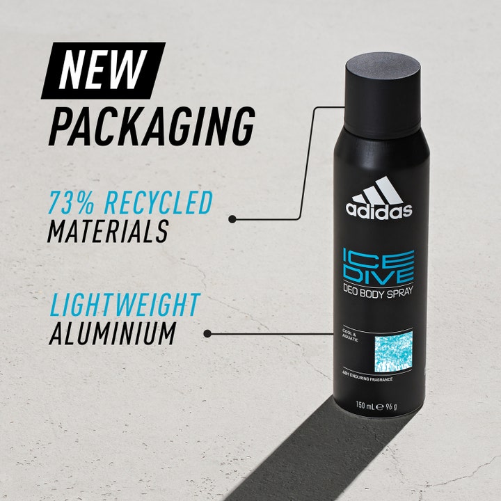 Adidas Ice Dive For Him 150 ml herredeodorant giver friskhed i sort spray af 73% genanvendt letvægtsaluminium.