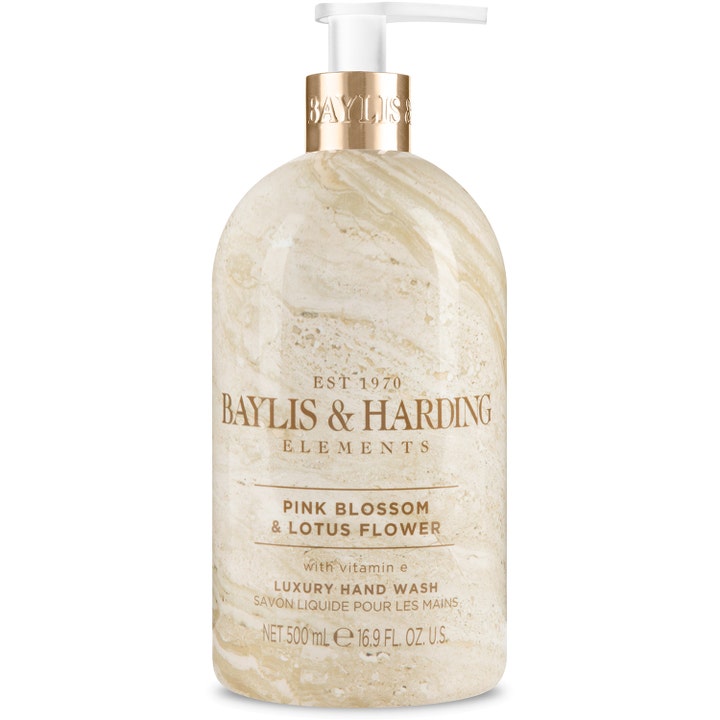 Baylis & Harding Elements Pink Blossom & Lotus Flower 500 ml plejende håndsæbe i marmoreret flaske med gulddetaljer.