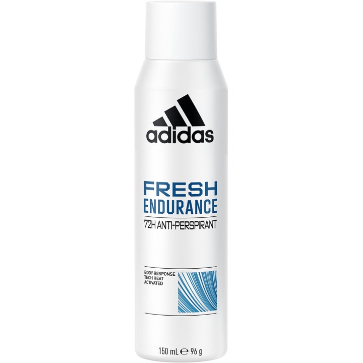 Adidas Fresh Endurance 150 ml anti-perspirant mod sved i en hvid sprayflaske med sort logo og blåt tryk