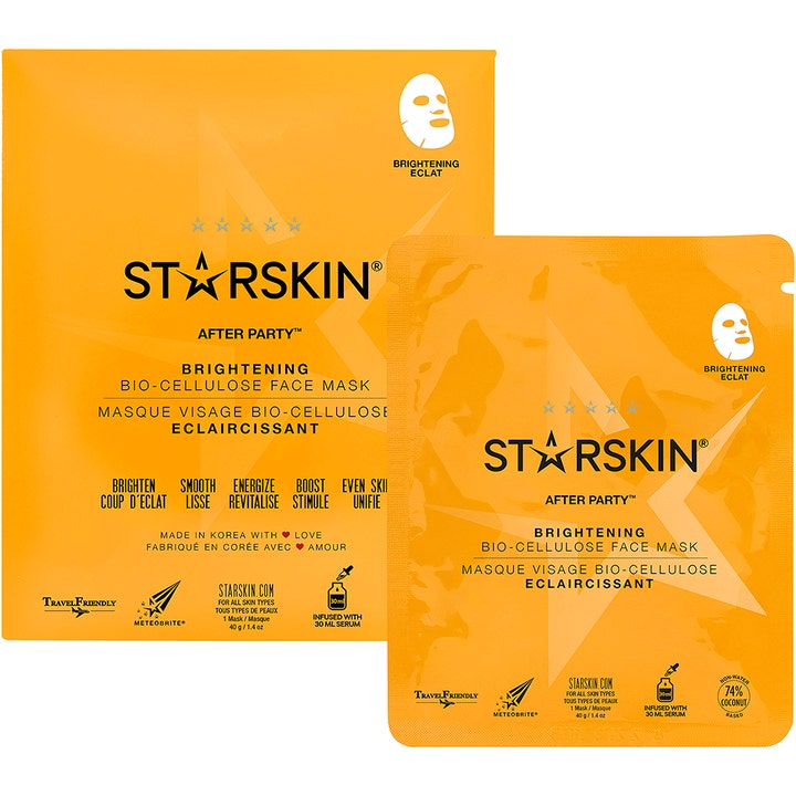 Starskin After Party Brightening Bio-Cellulose Face Mask 40 g giver glød i to orange rejsevenlige breve