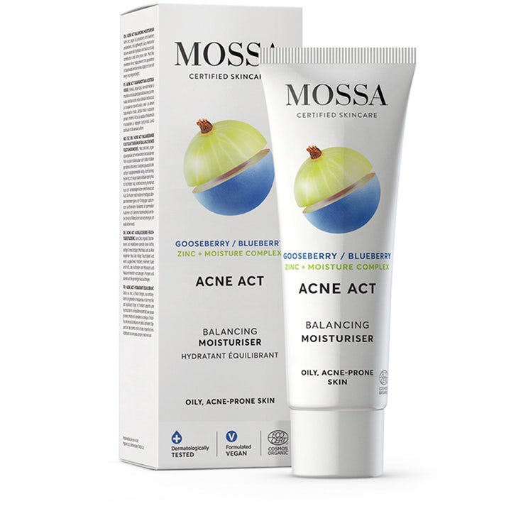MOSSA ACNE ACT Balancing Moisturiser 50 ml ansigtscreme på hvid tube og æske med bærillustration.