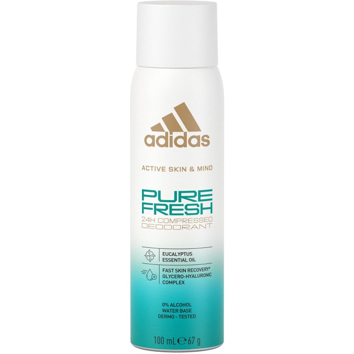 Adidas Active Skin & Mind Pure Fresh 100 ml deodorant spray giver friskhed i hvid flaske med turkis gradient.