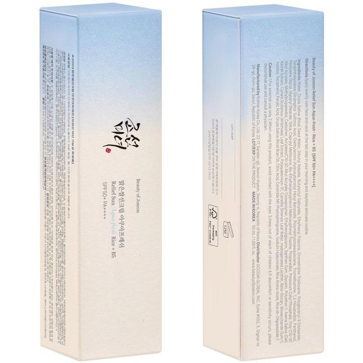 Beauty of Joseon Relief Sun Aqua Fresh 50 ml solcreme til ansigtet i lyseblå papæske med SPF 50 og fugtgivende B5