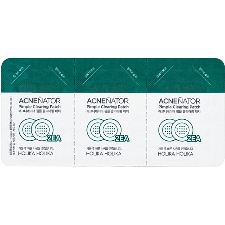 Holika Holika Acnenator Pimple Clearing Patch 6 stk bumseplastre i hvid og mørkegrøn emballage med tre dele