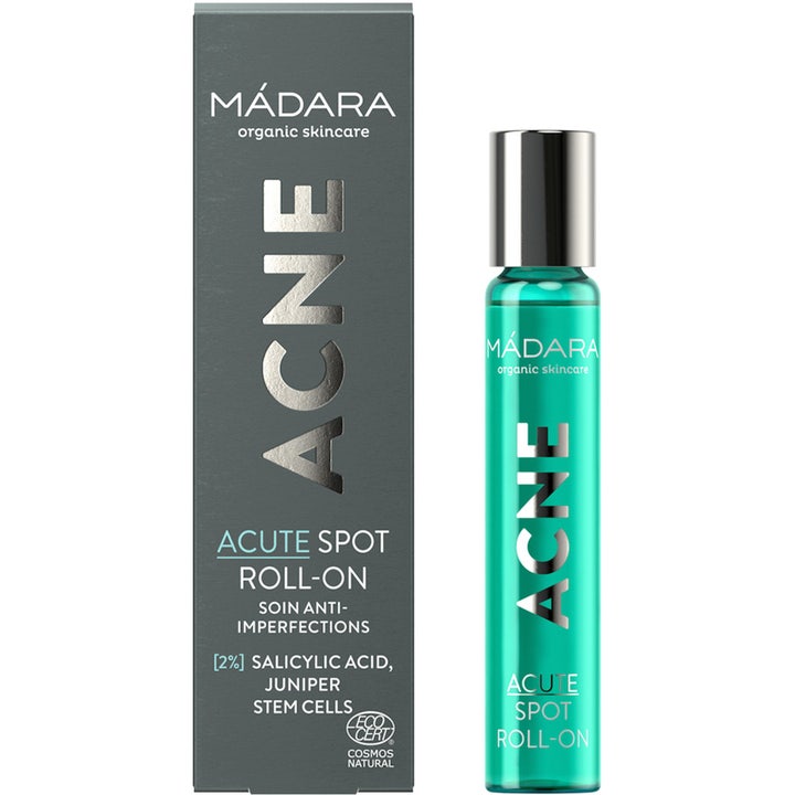 MÁDARA ACNE Spot Roll-On 8 ml spot treatment med salicylsyre mod urenheder i turkis glasflaske.