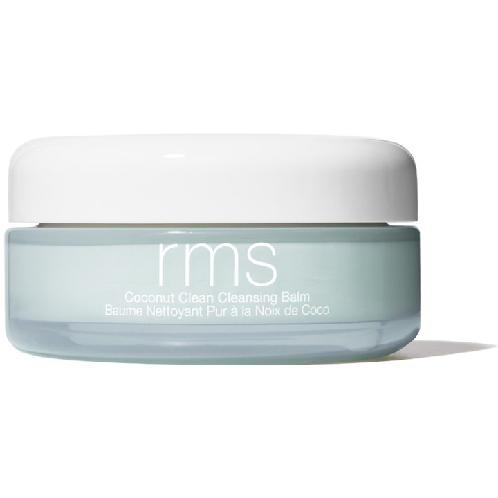 RMS Beauty Coconut Clean Cleansing Balm 80g fugtgivende ansigtsrens i lyseblå glaskrukke med hvidt låg