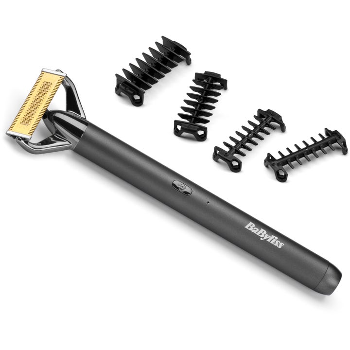 BaByliss Super X Metal X Blade Black 1 stk skægtrimmer med sort metalhåndtag guldfarvet skær og fire afstandskamme