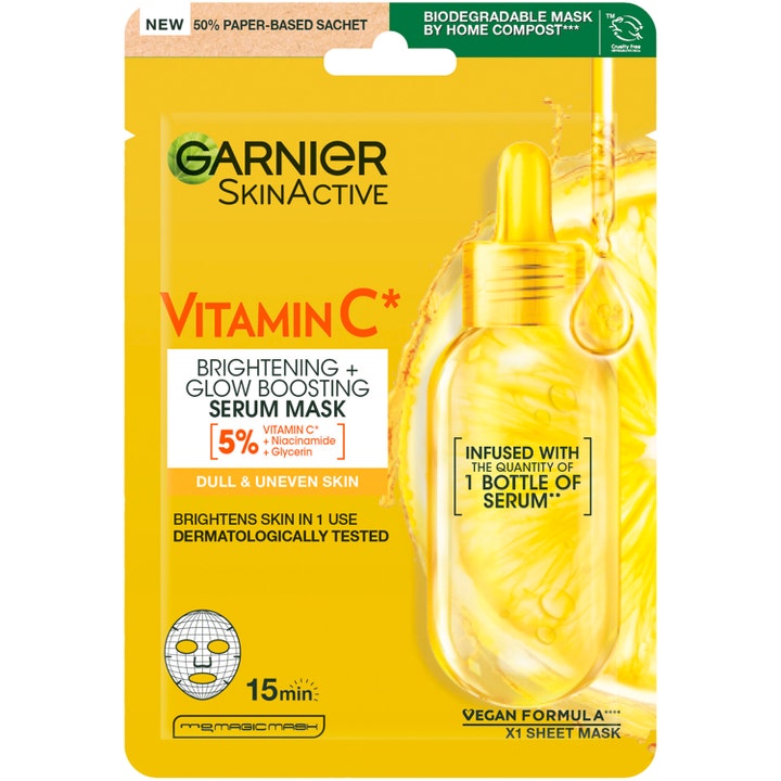 Garnier SkinActive Vitamin C Sheet Mask 28 g glow boosting ansigtsmaske i gul pose med 5% vitamin C og niacinamid.