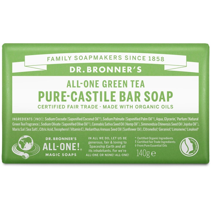 Dr. Bronner's Green Tea Pure-Castile Bar Soap 140g økologisk fast sæbe indpakket i lysegrønt papir med hvid tekst