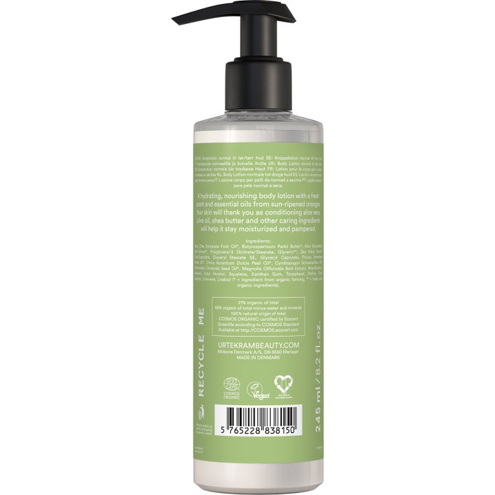 Urtekram Aloe Vera Body Lotion 245 ml fugtgivende kropspleje bagside med sort pumpe og grøn label