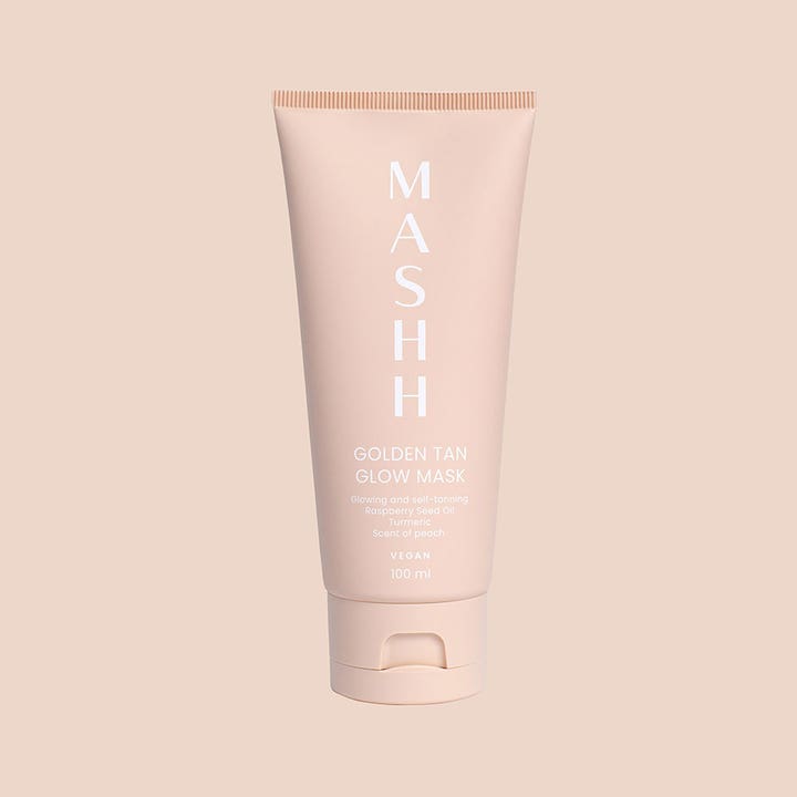 MASHH Golden Tan & Glow Mask 100 ml vegansk ansigtsmaske giver glød og selvbruner-effekt i ferskenfarvet tube.