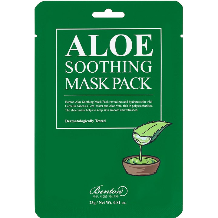 Benton Aloe Soothing Mask Pack 23g fugtgivende sheet mask i grøn sachet med illustration af et aloe vera-blad