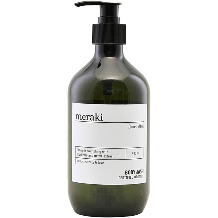 Meraki Linen Dew Bodywash 490 ml nærende og økologisk kropsvask i mørkegrøn flaske med sort pumpe.