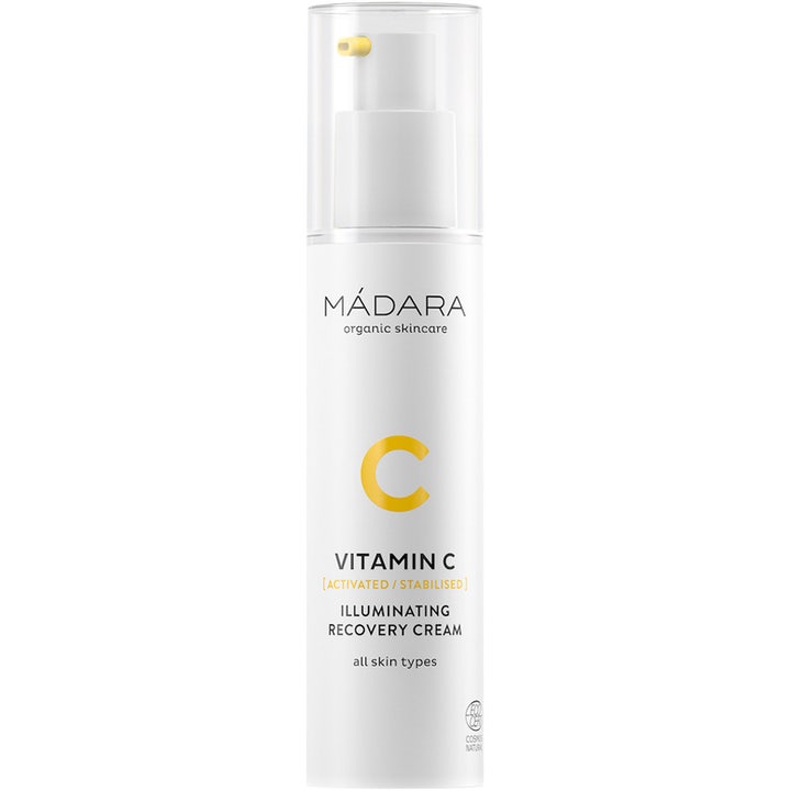 Mádara Vitamin C Illuminating Recovery Cream 50ml ansigtscreme der giver glød i hvid pumpeflaske med et gult C