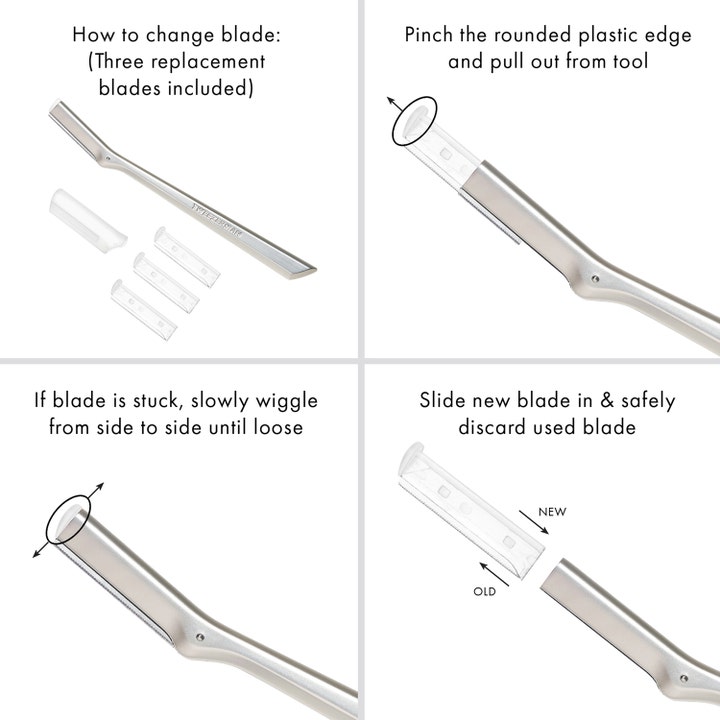 Tweezerman Facial Razor Replacement Blades 3 stk barberblade med infografik der viser sikker udskiftning